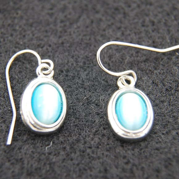 Cute, Blue Cats Eye Style, Drop Earrings, with Fish Hook Backs, Dainty - Picture 2 of 3